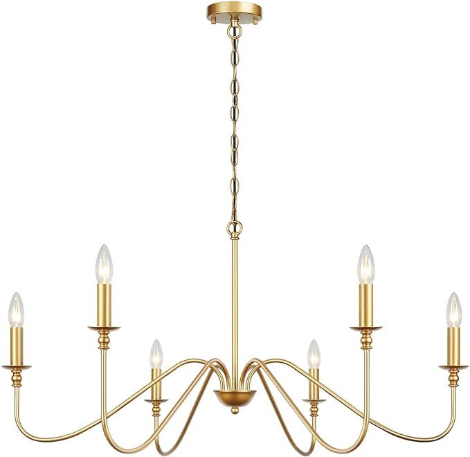 Gold Chandelier 6-Light Modern Brass Farmhouse Chandelier Wrought Iron Classic Candle Ceiling Pen... | Amazon (US)