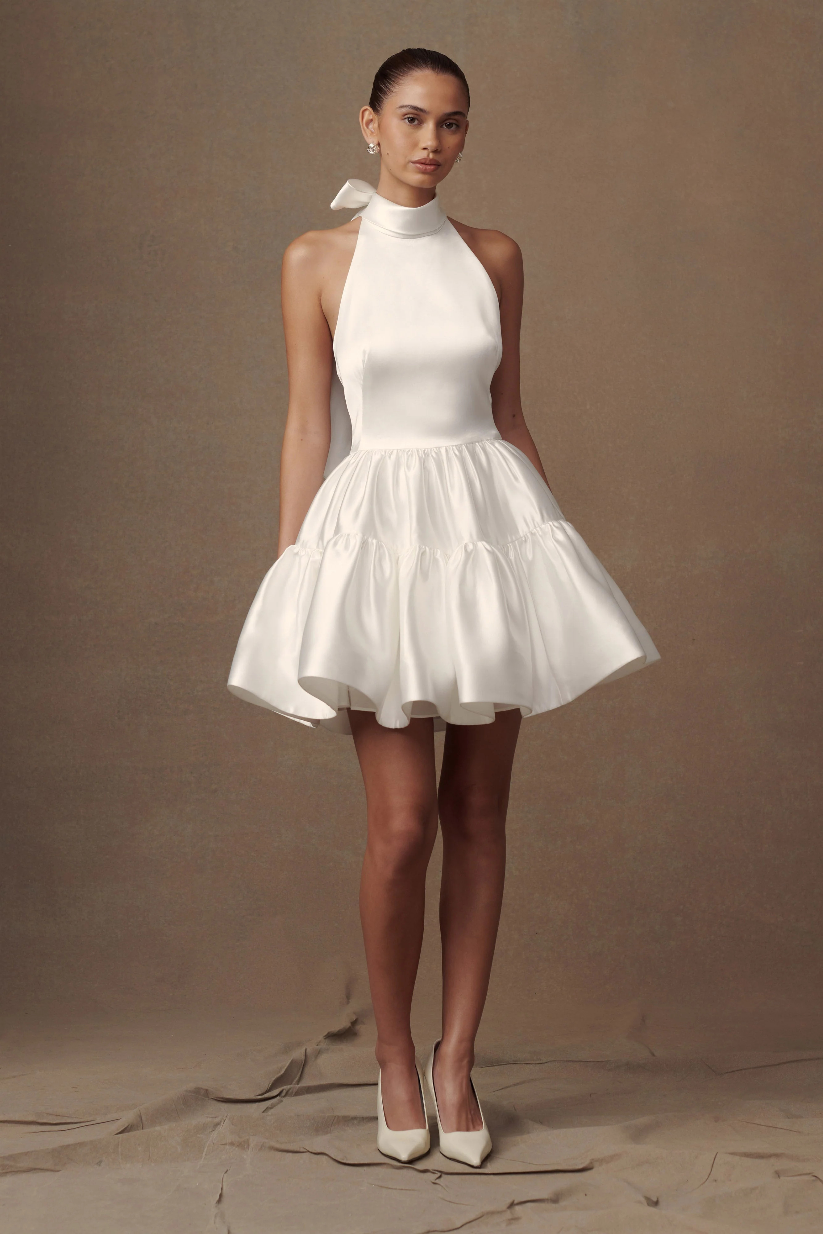 Satin Halter Mini Dress - White | MESHKI US