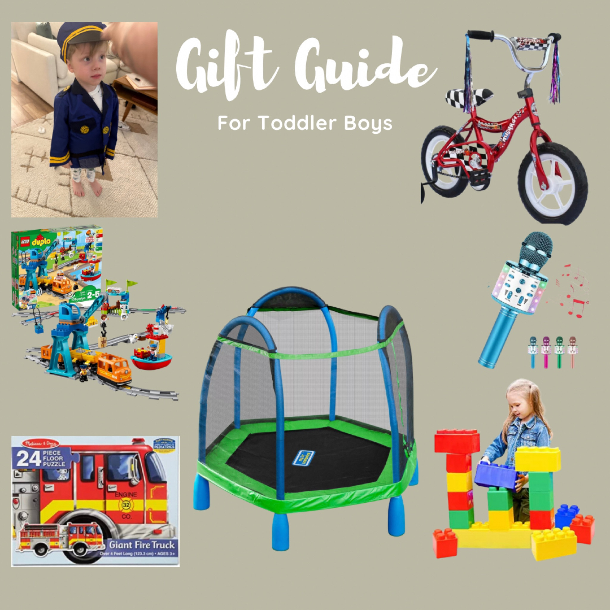 Gift guide for Toddler Boy! Our son is almost 4 and he loves all things Lego, Spider-Man, floor puzzles and we are excited to get him a bike and trampoline for sis to share! #toddlerboygift #giftguide #trampoline #amazon #sales #boygiftguide #3yearold #4yearold #5yearold #siblinggift



#LTKxPrime #LTKkids #LTKGiftGuide