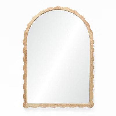 LuxenHome 34-Inch Arched Wall Mirror Natural Rubberwood Scalloped Frame Wall Mounted Decorative Wavy Mirror for Bathroom Bedroom Entryway Brown | Target