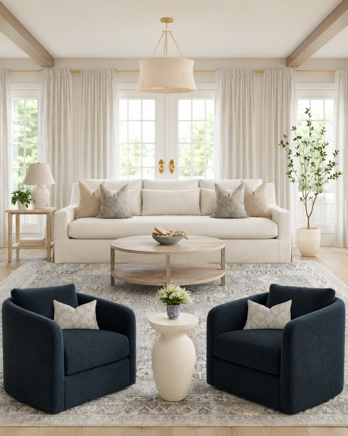 living room, coastal living room, modern coastal, coastal home decor, neutral living room, blue accent chairs, swivel chairs, white sofa, performance fabric sofa, coffee table, round coffee table, washable rug, vintage style rug, area rug, linen curtains, neutral home decor, living room inspiration, home styling, interior design, organic modern, transitional style, Serena and Lily style, Studio McGee style, McGee and Co, Nancy Meyers aesthetic, timeless home, light wood decor, designer living room, home inspiration, cozy living room

#LTKHome #LTKdayinmylife #LTKSaleAlert