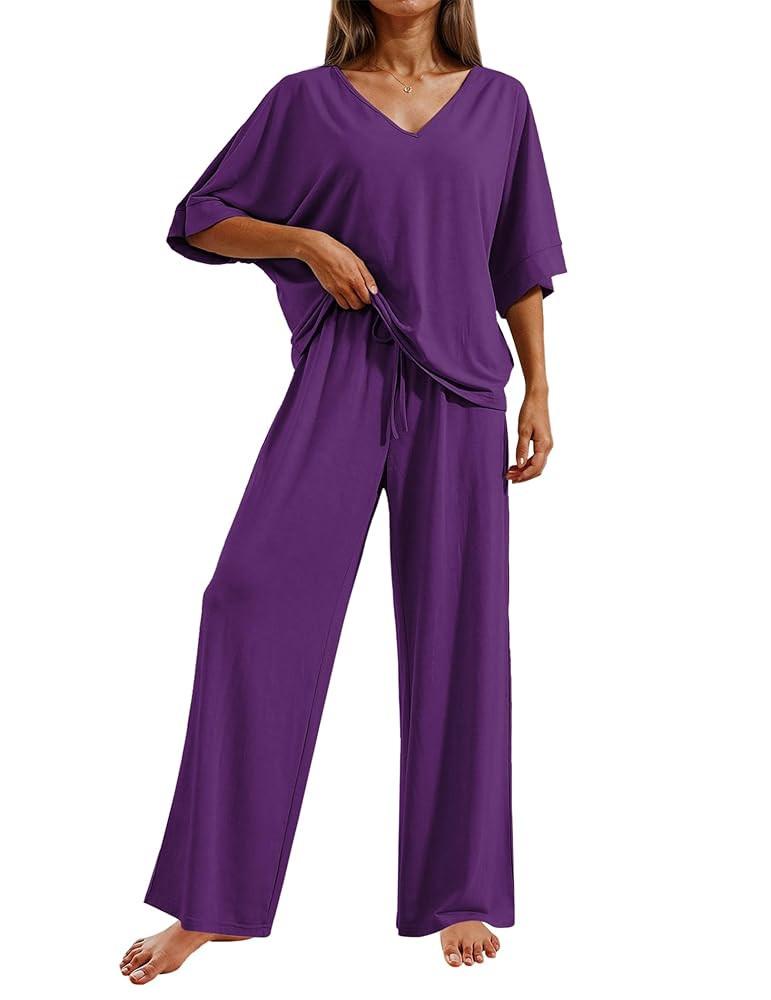 Ekouaer Pajama Sets for Women 2 Piece Lounge Set Short Sleeve Tops and Long Pants Soft Comfy Pjs ... | Amazon (US)