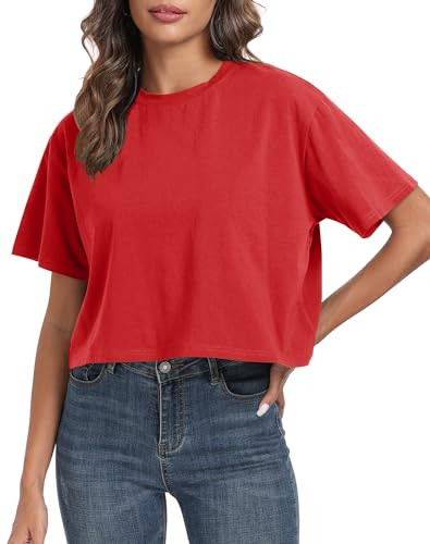 PRIMODA Women's Oversized Workout Cropped T Shirts Crew Neck Short Sleeve Casual Loose Summer Cro... | Amazon (US)