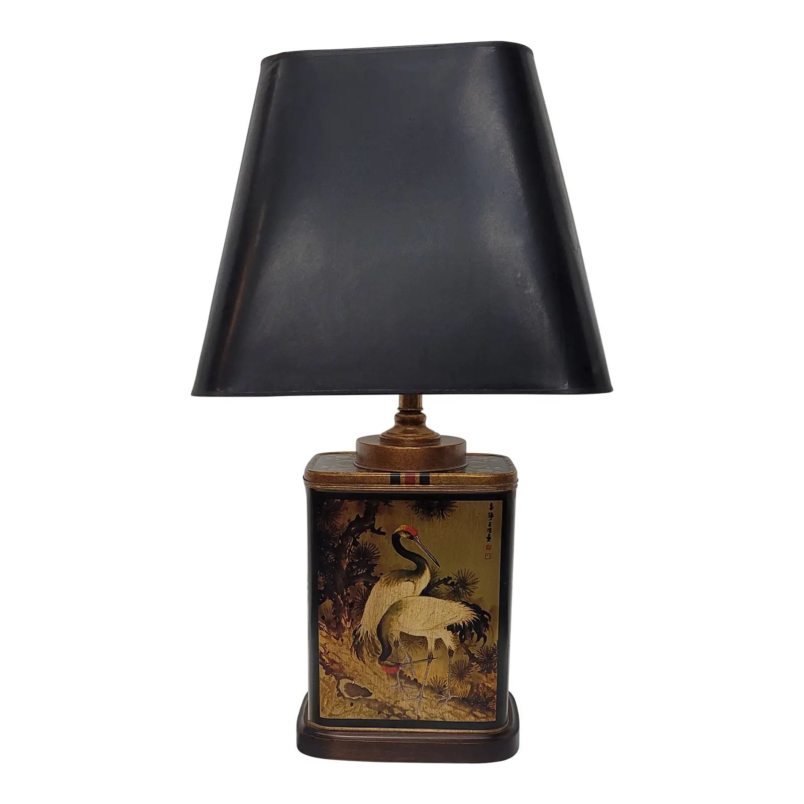 Vintage Frederick Cooper Asian Black Gold Tin Cranes Chinoiserie Tea Canister Table Lamp | Chairish