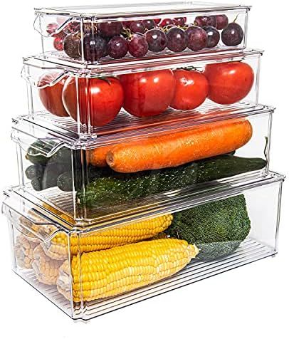 Pomeat Set of 4 Fridge Organizer Stackable Refrigerator Organizer Bins, Clear Plastic Storage Bin... | Amazon (US)