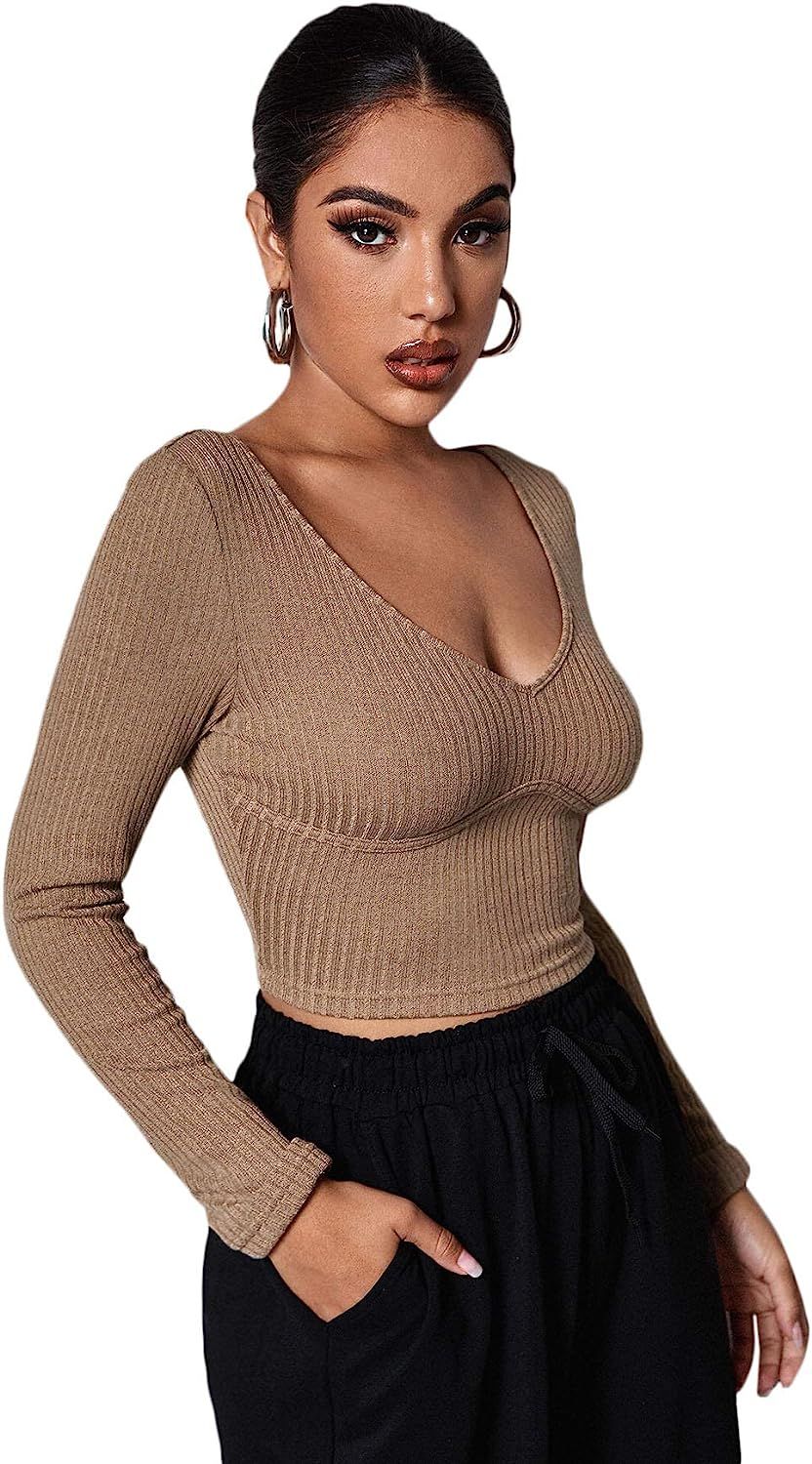 SweatyRocks Women's Basic Deep V Neck Long Sleeve Crop Tops Ribbed Knit Slim Fit Crop Tee Shirt | Amazon (US)