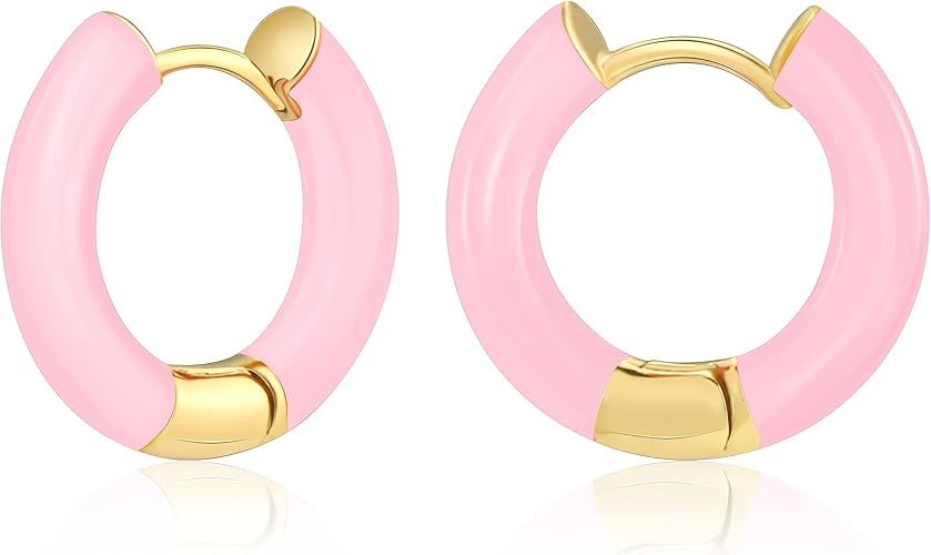 Lourny Enamel Color Hoop Earrings for Women, 18K Gold Plated Hypoallergenic Chunky Huggie Earring... | Amazon (US)