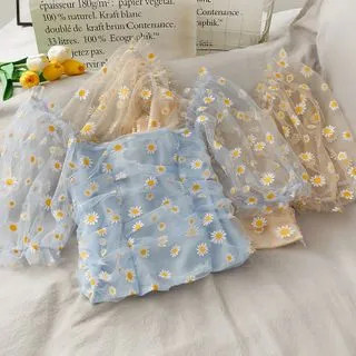 Lemongrass - Daisy-Print Ruched Light Top | YesStyle Global