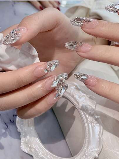 24pcs Rhinestone Decor Fake Nail & 1sheet Tape | SHEIN