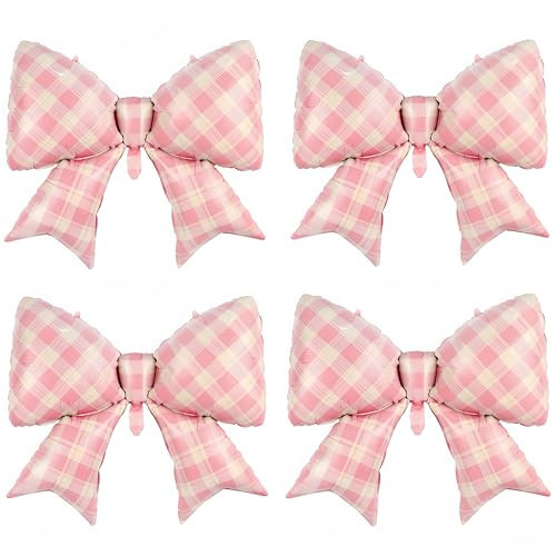 4Pcs Pink Plaid Bow Balloons 38"/Gingham Bowknot Foil Balloons for One Silly Goose Decor for Girl Baby Shower, Picnic, Girly Room & Sweet Party Decorations/coquette Party Supplies | Amazon (US)