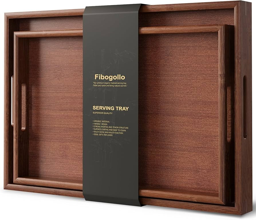 Bamboo Set of 2 Serving Tray with Handles,Decorative Trays Platter,Breakfast Tray in Bed,Food Dri... | Amazon (US)