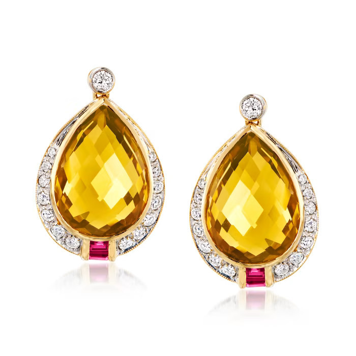 C. 1980 Vintage 22.50 ct. t.w. Citrine, .90 ct. t.w. Diamond and .40 ct. t.w. Ruby Earrings in 18... | Ross-Simons