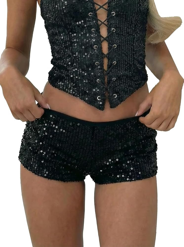 Women's Comfort Lined Stretch Bodycon Sequin Shorts Sexy Rave Bottoms Hot Pants Clubwear | Amazon (US)