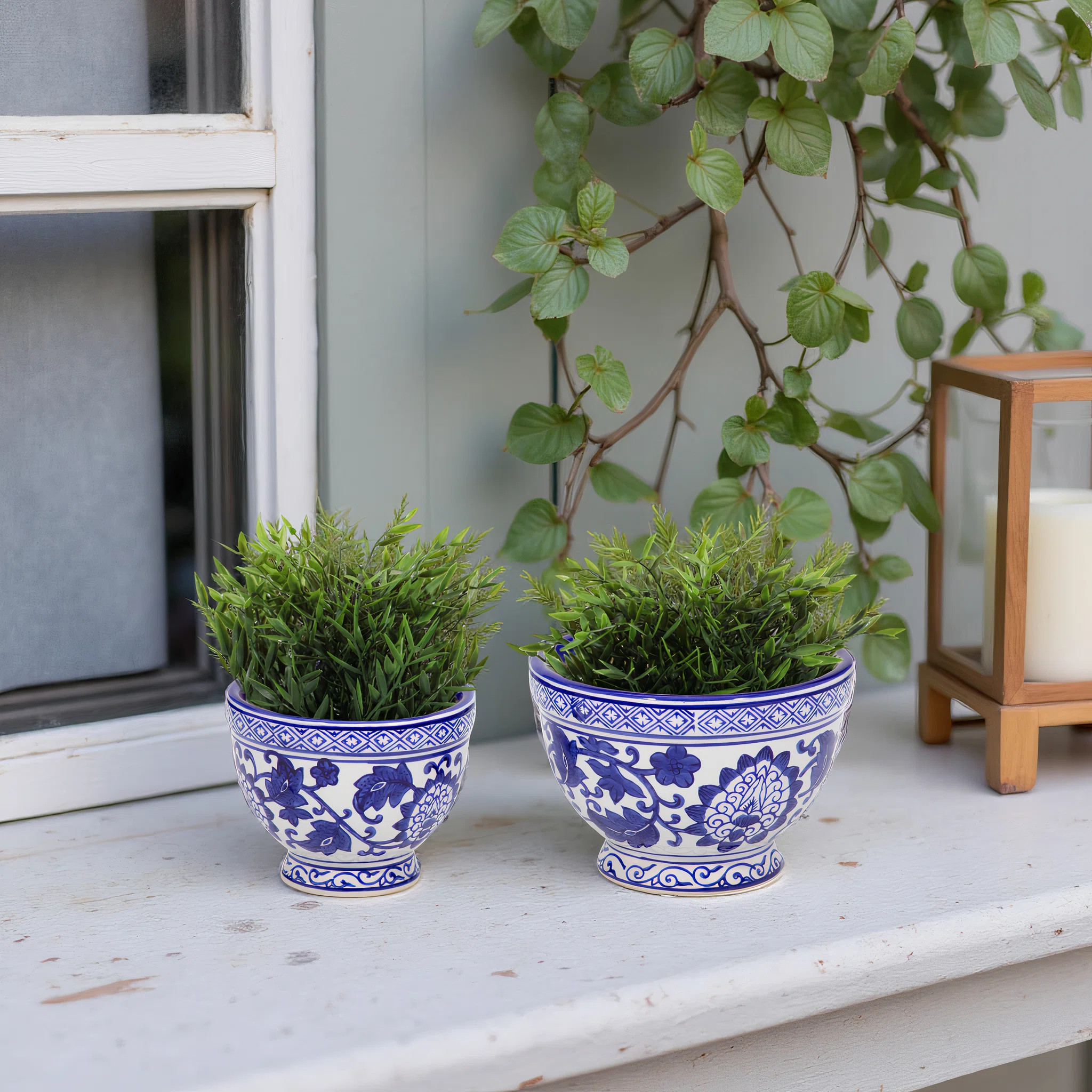 Set of 2 Blue & White Floral Stoneware Planters, 7" & 5" Ceramic Pots for Home & Garden Decor | Wayfair North America