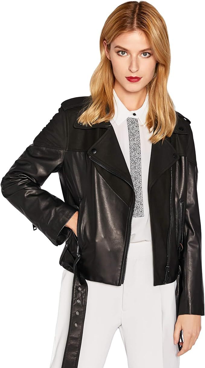 Women's Genuine Leather Jacket Lambskin Black Moto Biker Jacket Coat with Belt SmartUniverseWear ... | Amazon (US)