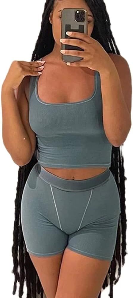Casual Workout Sets Two Piece Outfits for Women Ribbed Crop Tank Top High Waist Yoga Leggings Act... | Amazon (US)