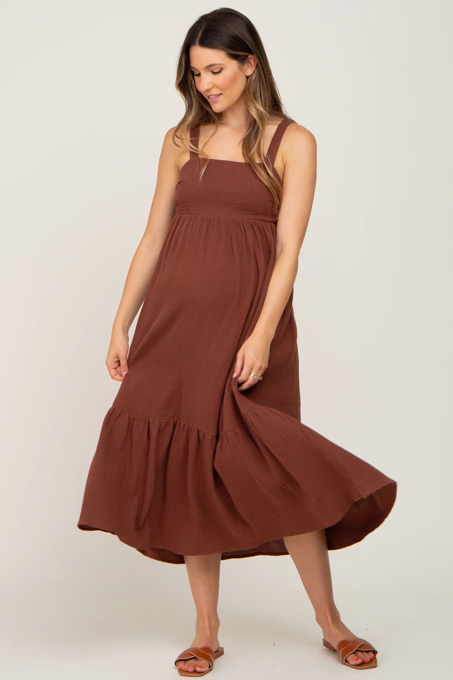 Brown Back Tie Sleeveless Maternity Mid Dress | PinkBlush Maternity