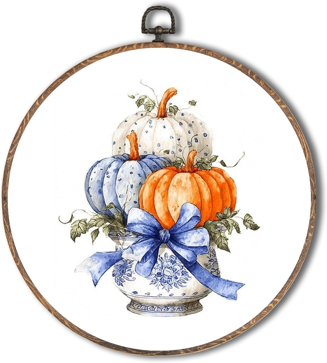 Yorhifa Chinoiserie Fall Pumpkin Framed Wall Art, Blue Coquette Bow Autumn Round Wall Art, Rustic... | Amazon (US)
