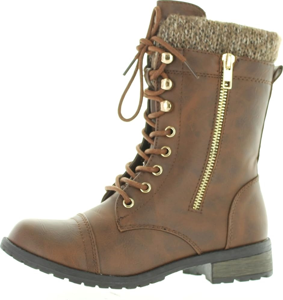 Forever Link Womens Mango-31 Round Toe Military Lace Up Knit Ankle Cuff Low Heel Combat Boots | Amazon (US)