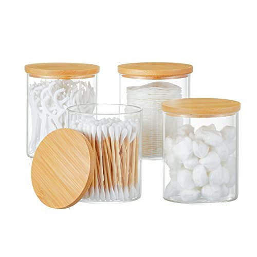 INIUNIK 4 Pack Glass Qtip Holder Dispenser Glass Apothecary Jars with Lids Cotton Ball Swab Pad Holder Bathroom Essential Canisters Accessories Jars for Bathroom Organization Vanity Organizers | Amazon (US)
