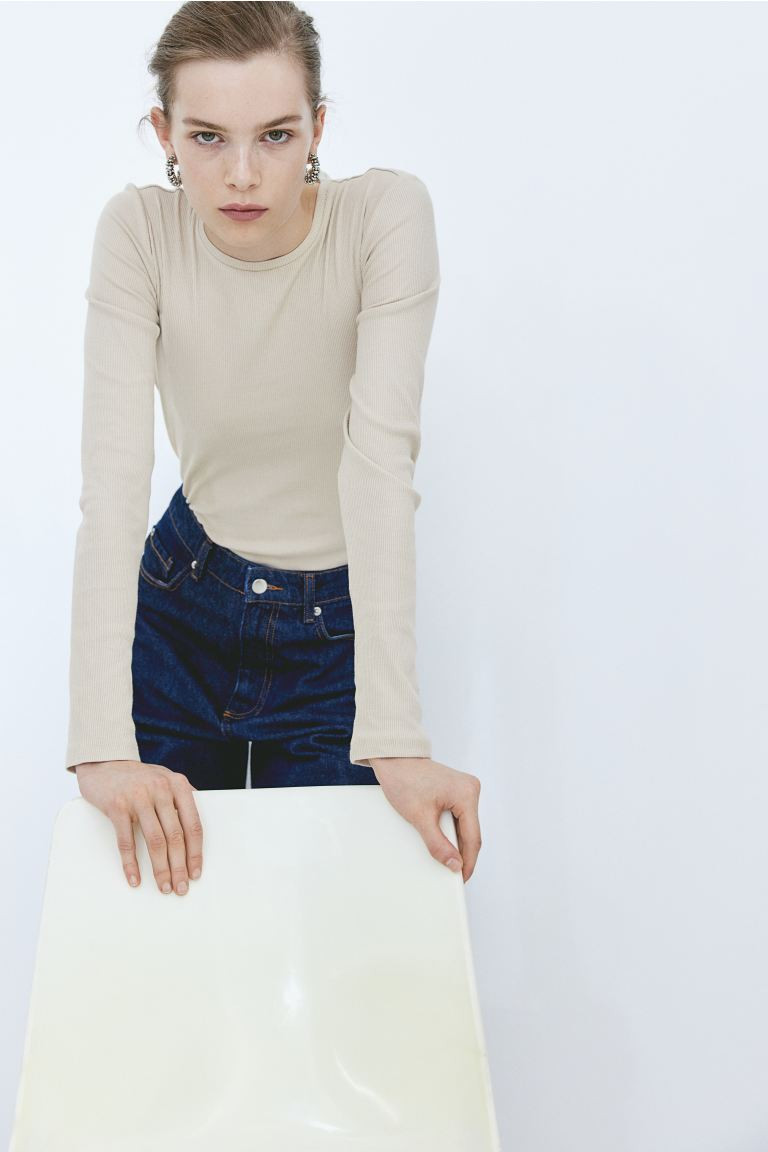 Ribbed long-sleeved top - Light beige - Ladies | H&M GB | H&M (UK, MY, IN, SG, PH, TW, HK)