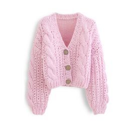 V-Neck Crop Hand-Knit Chunky Cardigan in Pink | Chicwish