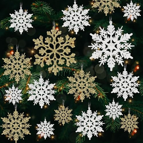 36pcs Snowflakes-Christmas Tree Decorations, Snowflake Ornaments for Tree, Plastic Glitter White Gold Snow Flakes Ornaments, Christmas Indoor Winter Wonderland Frozen Birthday Party Holiday Home Decor | Amazon (US)