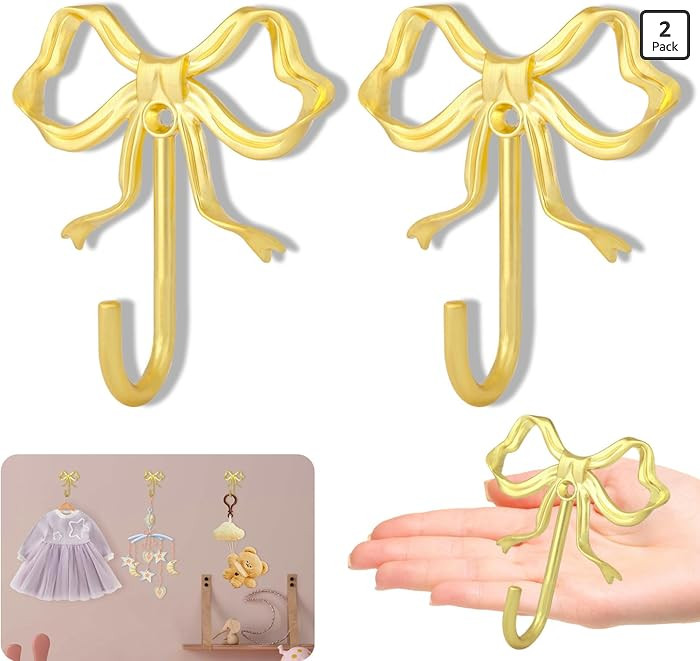 2Pcs Large Size Gold Bow Wall Hook, Gold Coat Hook, Metal Hook, Bow Room Decor Hooks for Coats, C... | Amazon (US)