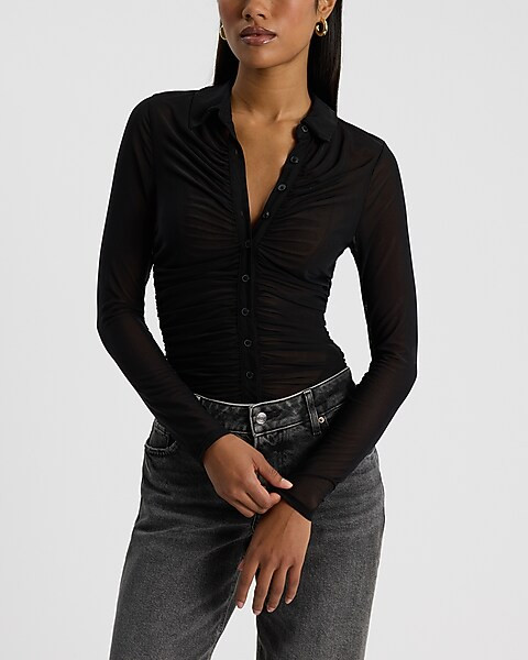 Mesh Ruched Long Sleeve Button Up Polo Top | Express