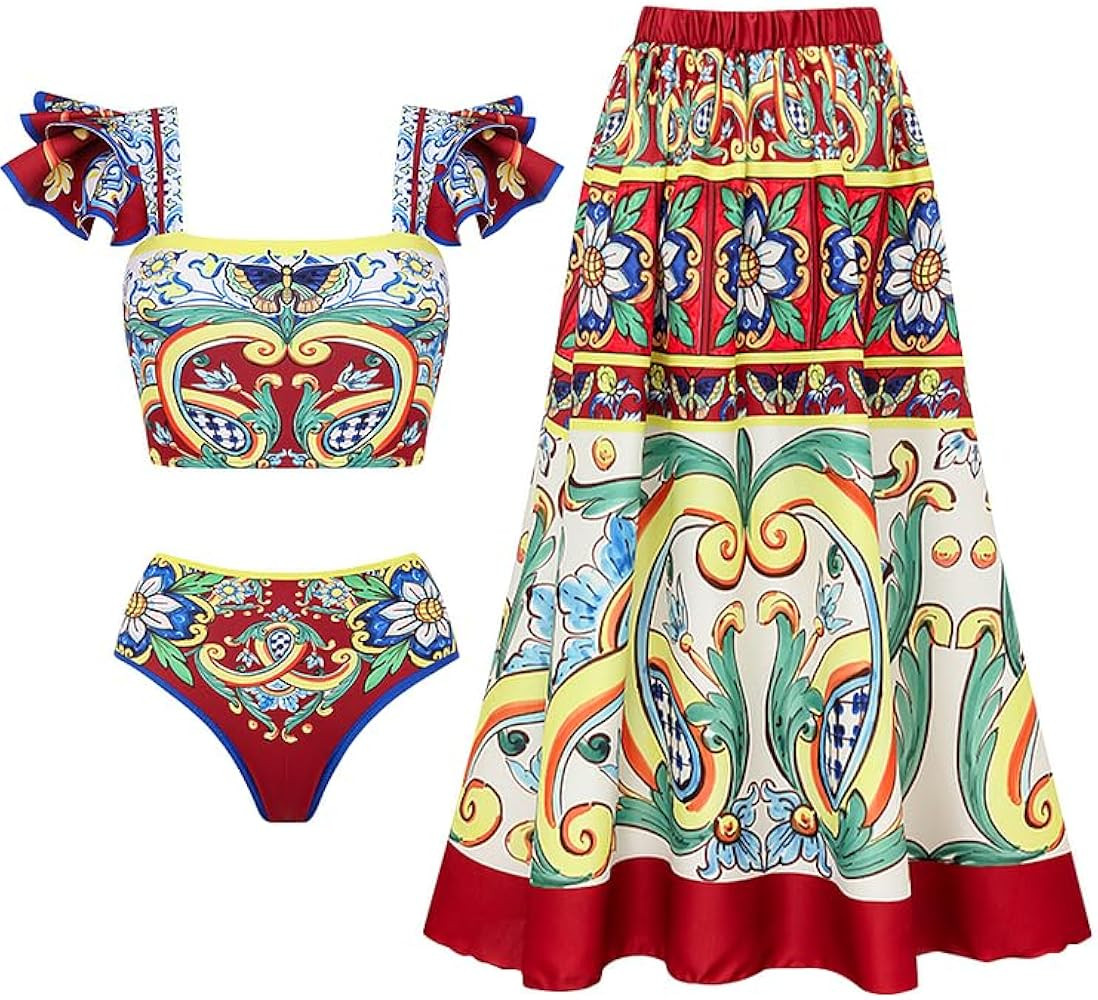 FLAXMAKER Vintage Royal Print Ruffle Printed Bikini Swimsuit and Skirt | Amazon (US)