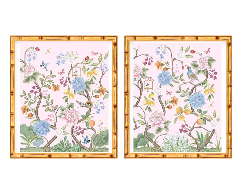 Set of Two Art Prints Chinoiserie Flowers With Birds and Butterflies // Nursery Decor // Girls Ro... | Etsy (US)