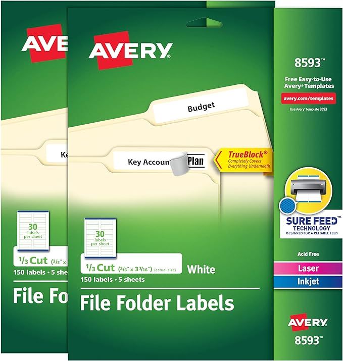 Avery File Folder Labels with TrueBlock Technology, Permanent Adhesive, 2/3" x 3-7/16", Laser/Ink... | Amazon (US)