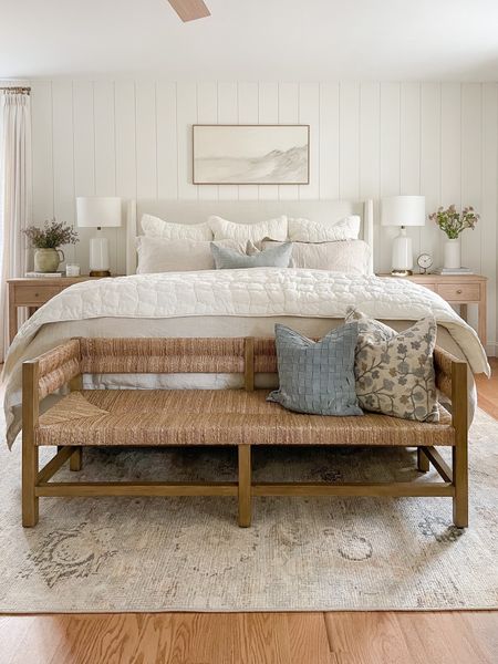 Modern coastal bedroom, pottery barn bench, throw pillows, upholstered bed, nightstand, Amazon rug, spring bedroom decor

#LTKhome #LTKstyletip