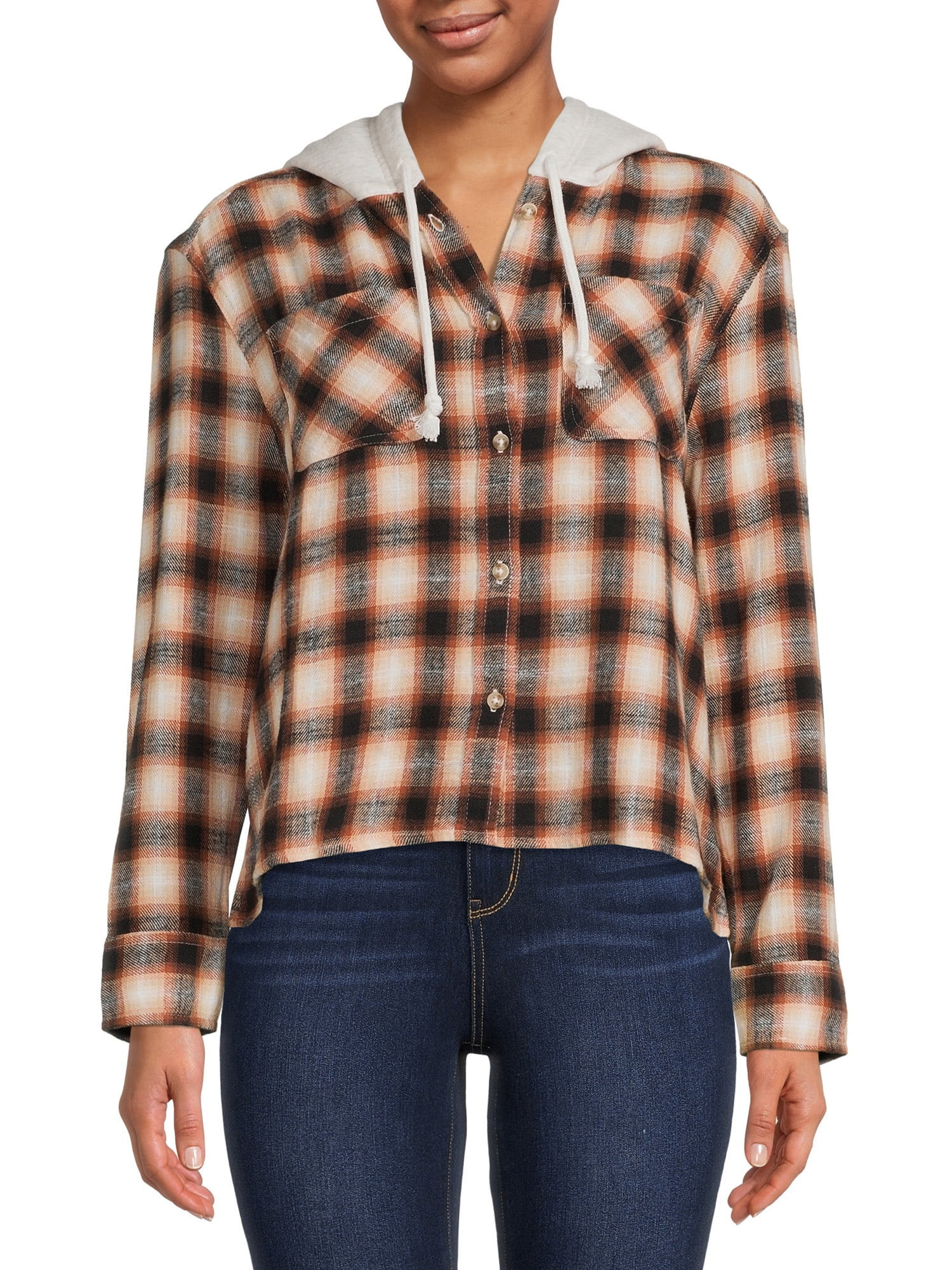 Time And Tru Women's Crop Hooded Flannel | Walmart (US)