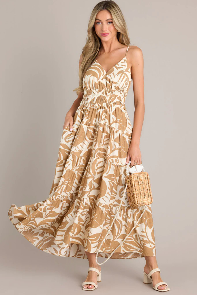 Caribbean Dream Tan Tropical Print Maxi Dress | Red Dress