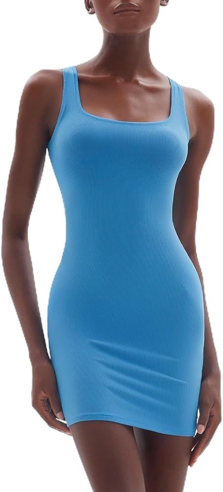PUMIEY Women's Square Neck Mini Dress Ribbed Bodycon Tank Dresses Slim Fit Summer Dresses for Wom... | Amazon (US)