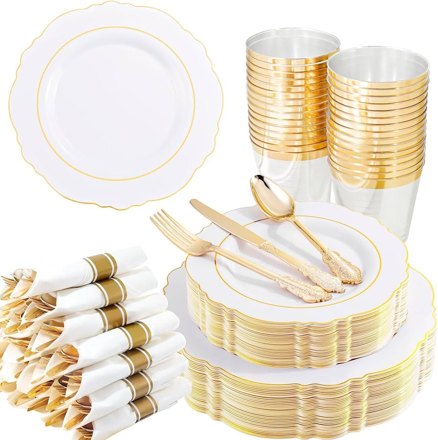 Liacere 350PCS Gold Plastic Plates-Disposable White and Gold Plates 50guest Baroque Plastic Dinne... | Amazon (US)