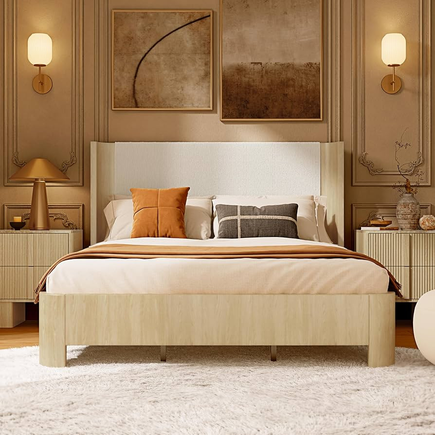 King Size Upholstered Platform Bed Frame with Wingback Headboard, Motion-Sensing LED Lights, Stur... | Amazon (US)