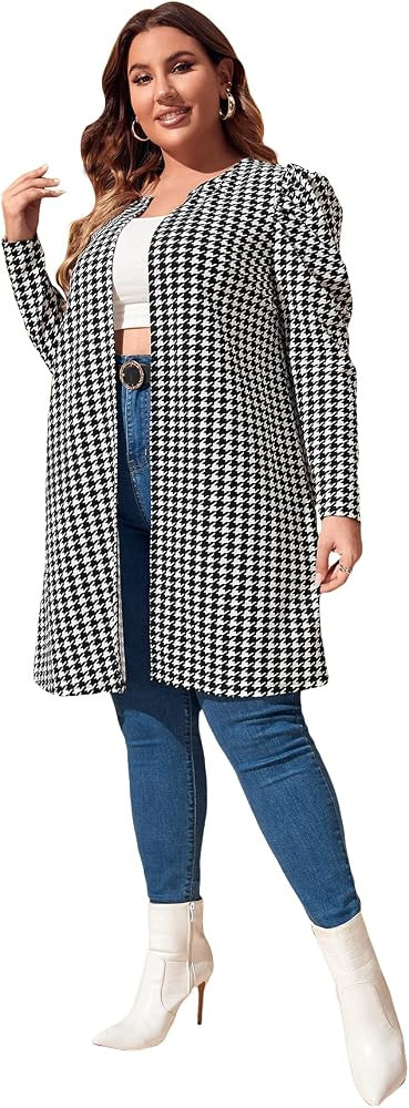 WDIRARA Women's Plus Size Houndstooth Open Front Puff Sleeve Elegant Office Jacket Coat | Amazon (US)