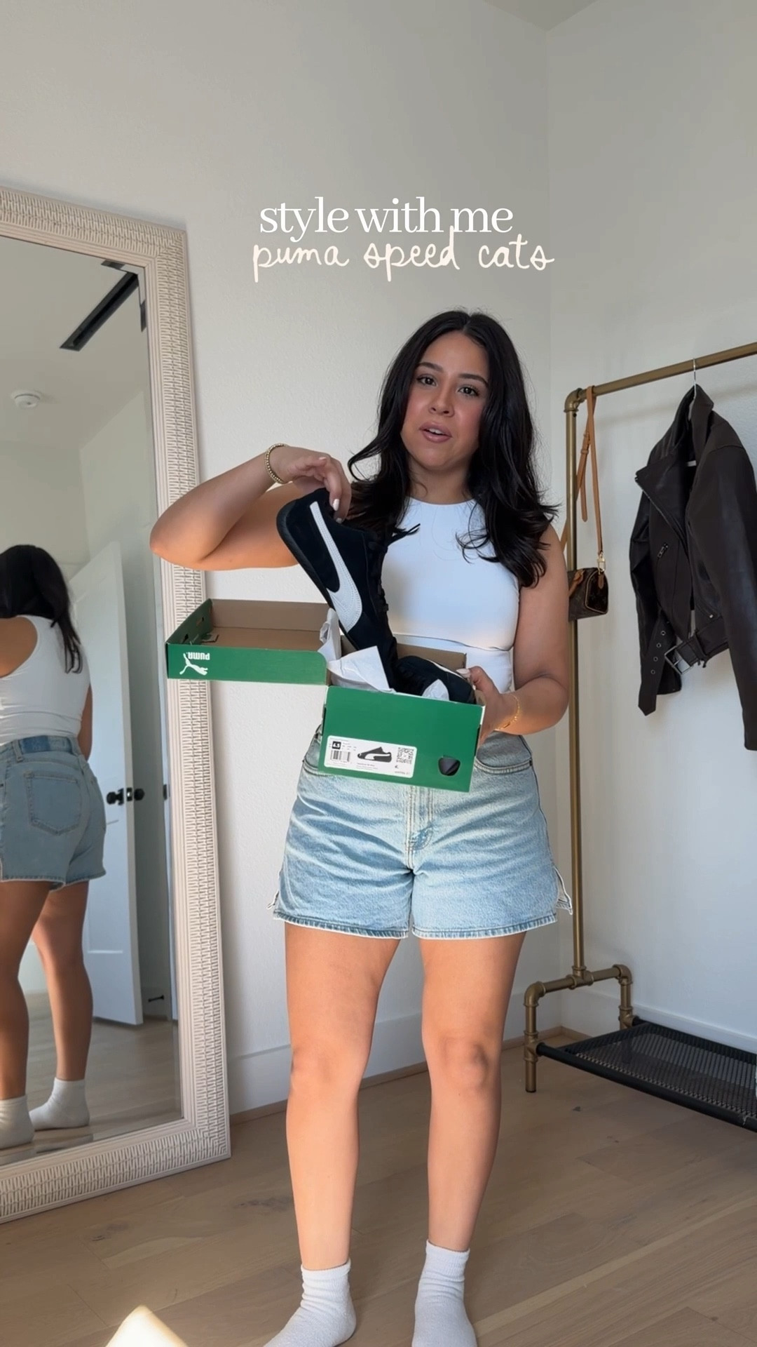 Style the puma speedcat sneakers with me 
Sneakers: 5 men/6.5 women 
White bodysuit: small 
Denim shorts: 26 
Faux leather moto jacket: xs 
White ankle socks 

#LTKgrwm #LTKFindsUnder100 #LTKootd