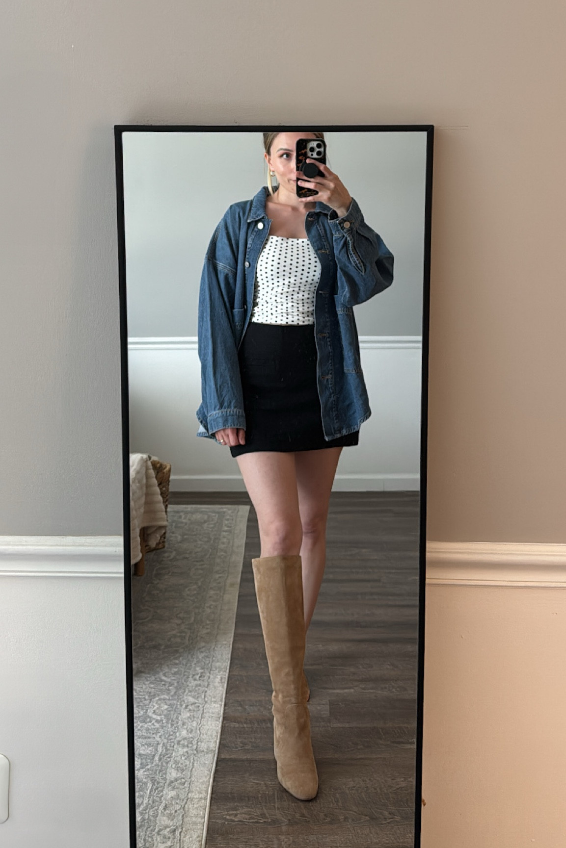 Medium in the cutest oversized denim Shacket ever (will wear the crap out of this in fall)! Color is medium indigo. Medium in the tank. Tall suede boots are thrifted Sam Edelman 