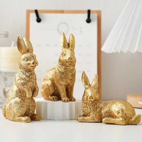 AOMOONOA Gold Bunny Decor, Easter Rabbit Figurines Set of 3, Resin Rabbit Statues, Golden Bunnies for Spring Tabletop Centerpiece, Mantle Shelf Decor | Amazon (US)