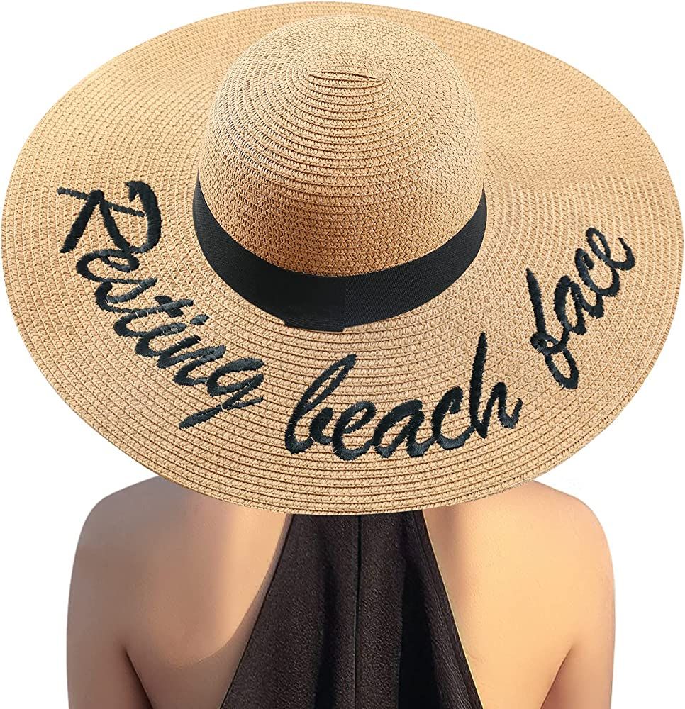 Women Straw Hat, Floppy Wide Brim Summer Sun Hats, Embroidered Cap for Bride Honeymoon Beach Part... | Amazon (US)