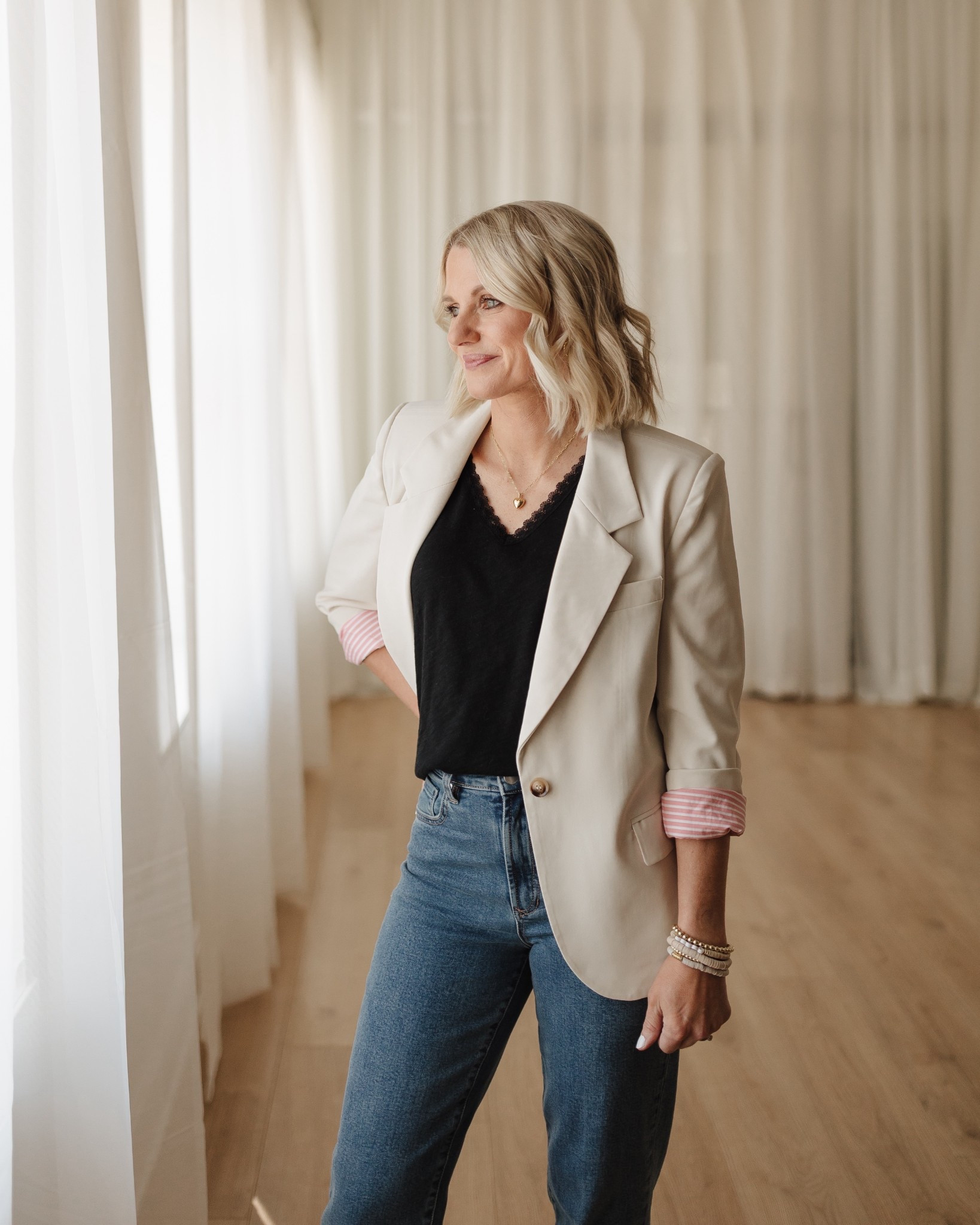I am so happy with how this blazer turned out! It has the cutest pink and white striped lining! It’s a classic fit! I’m wearing an XSMALL! Use code: DJXKATIE20 for 20% off at @dearjohndenim 

#LTKootd #LTKPetite #LTKOver40
