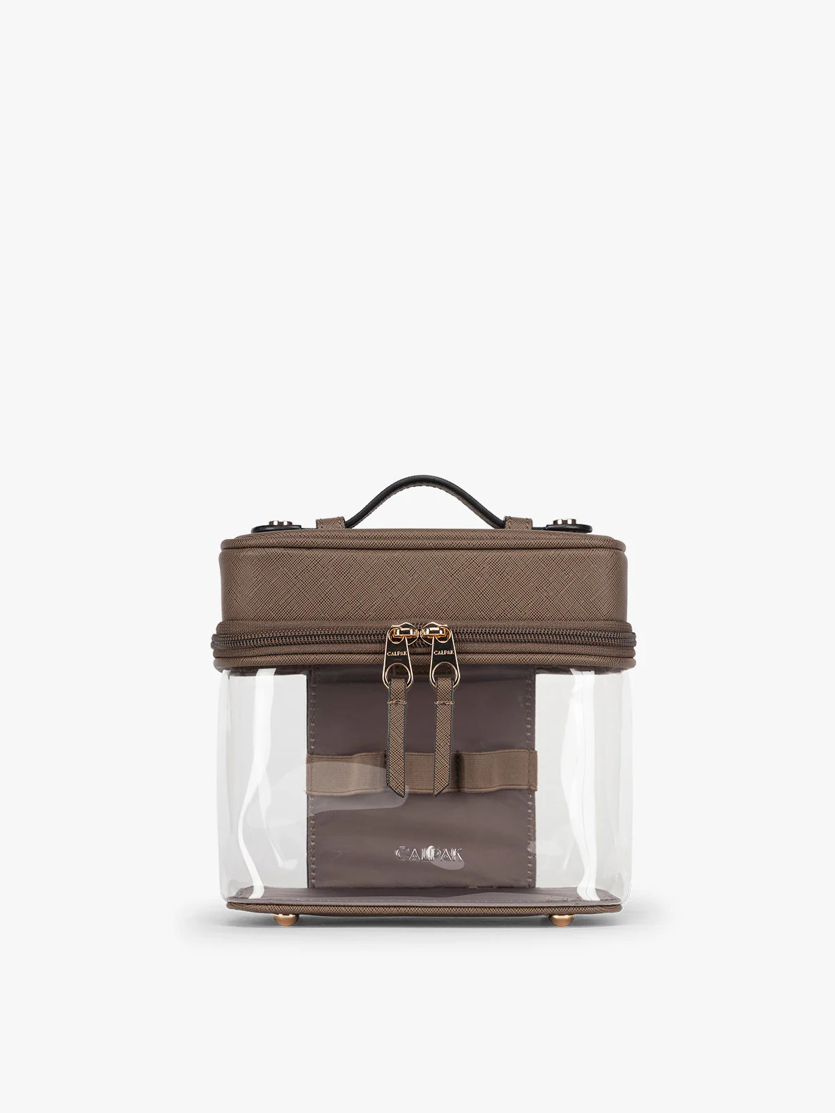 Clear Train Case with Top Compartment in Mocha | CALPAK