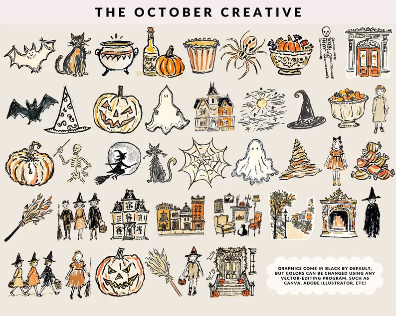Vintage Halloween Clipart Bundle, Hand Drawn Colorful Spooky Doodles, Witch Candy Trick or Treat ... | Etsy (US)