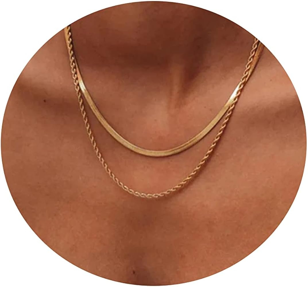Foyjoey 18K Gold Necklace for Women Stainless Steel Double Layered Green CZ Flat Herringbone Snak... | Amazon (CA)