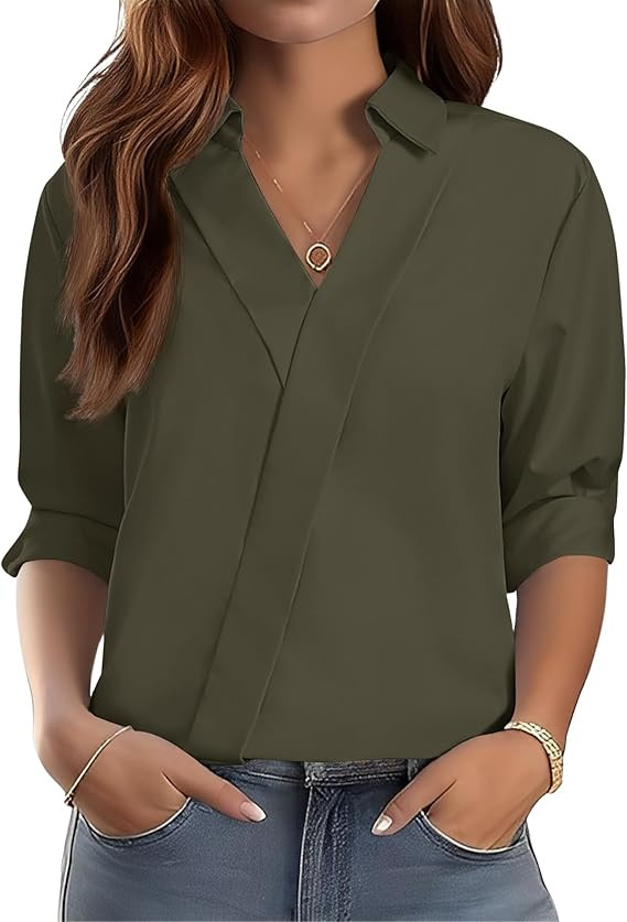 LOMON 3/4 Length Sleeve Womens Tops Dressy V Neck Collared Shirts Trendy Business Casual Work Blo... | Amazon (US)
