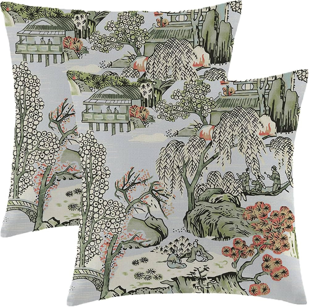 Chinoiserie Pillow Cover 18x18 Inch Set of 2, Asian Scenic Coral Green Blue Throw Pillows Farmhou... | Amazon (US)