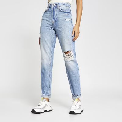 Blue ripped high waisted mom jeans | River Island (UK & IE)